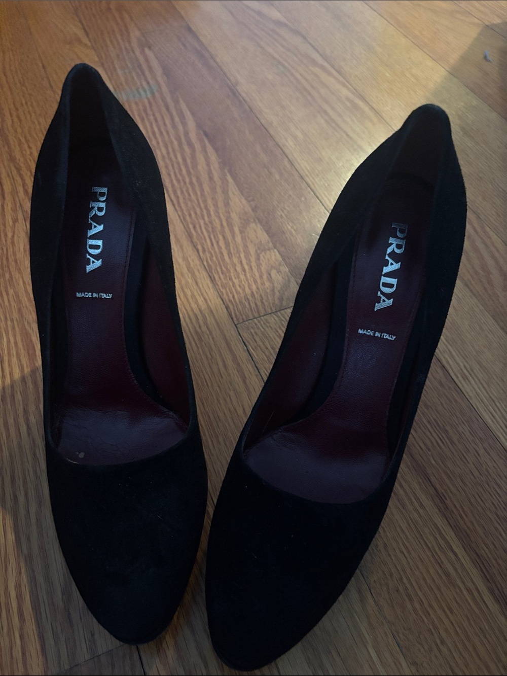 Prada Black Suede Pointed Pumps with Burgundy Insole